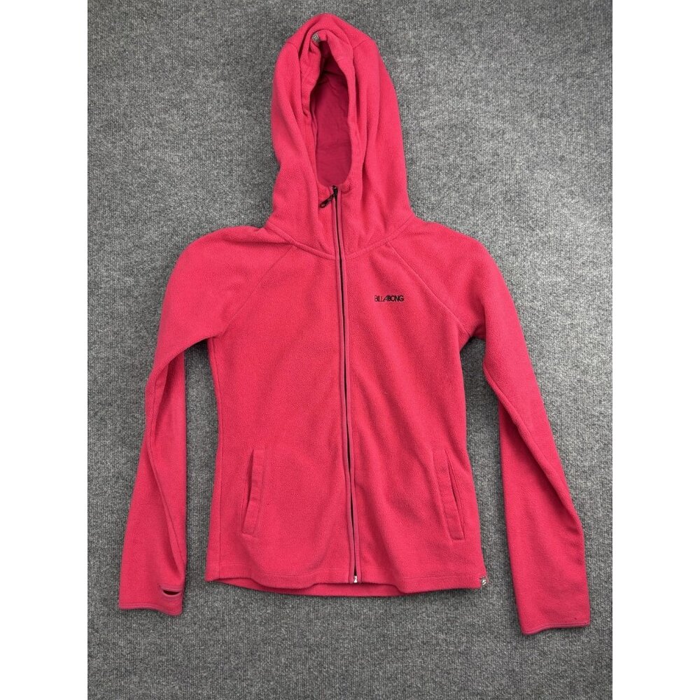 Billabong Fleece Jacket Womens Medium Pink Hooded Full Zip Thumbholes Casual